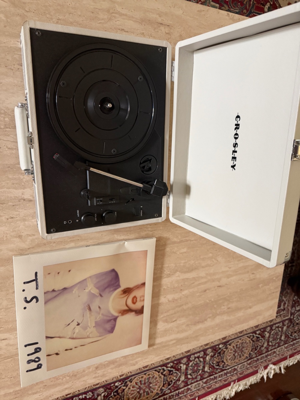 Crosley White Portable Turntable Player + Taylor Swift record